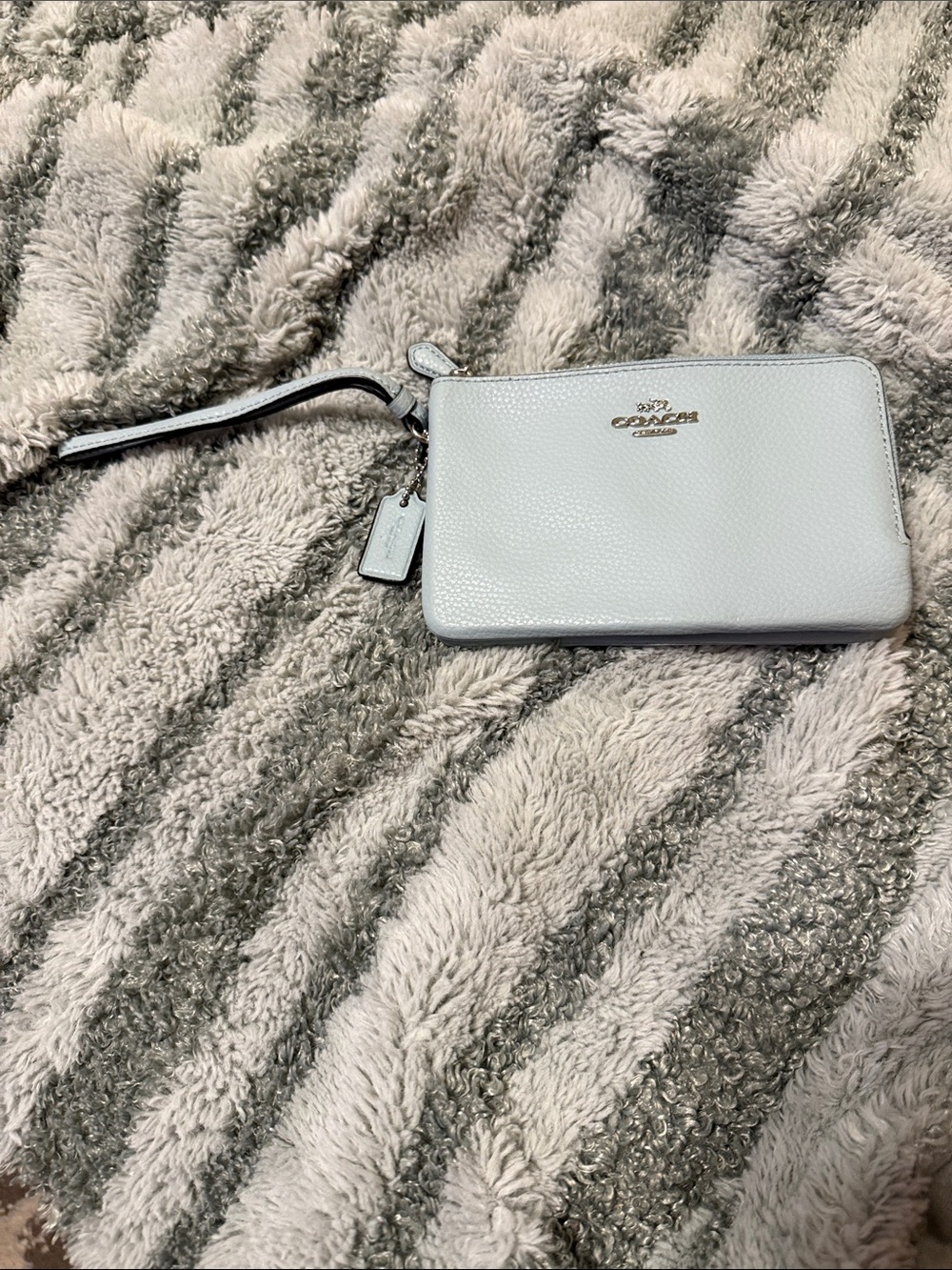 Coach Light Blue Pebbled Leather Wristlet with silver Logo